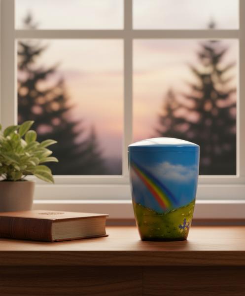 Light blue pet urn with rainbow over a blooming meadow. A colorful, dignified keepsake for your beloved darling. Create a stylish memorial at home – order yours today.